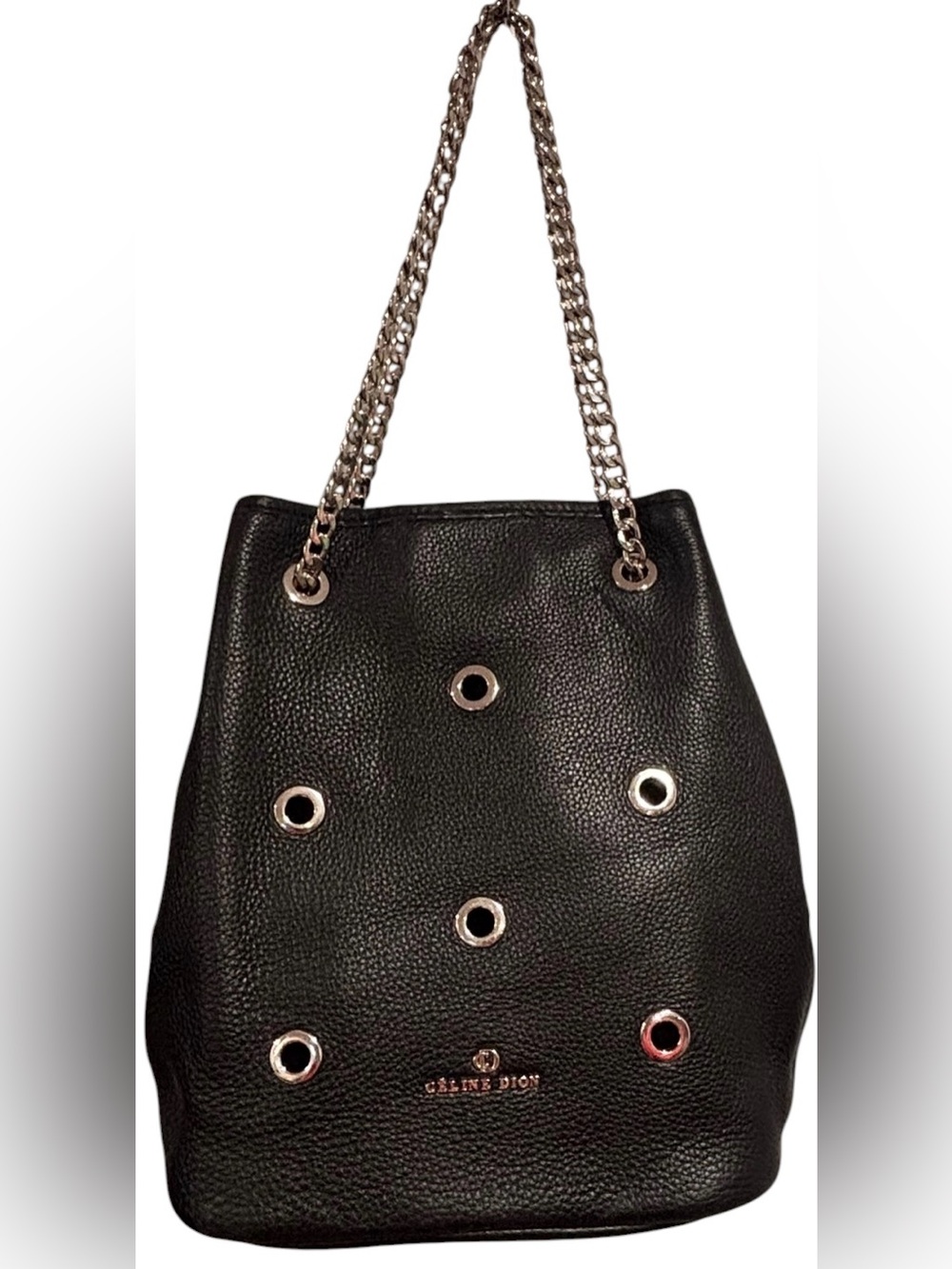 Celine Dion Black Pebbled Bucket Tote Silver Chain Grommet Shoulder Bag